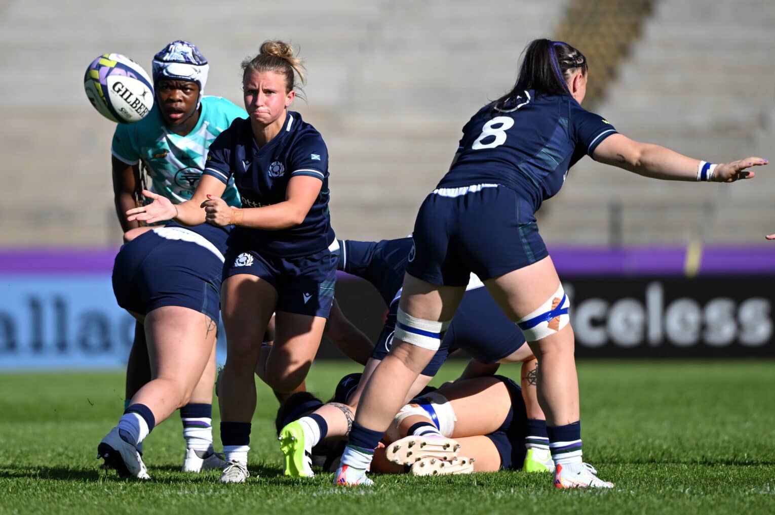 Mairi McDonald of Scotland passes the ball during the WXV 2 2023 match between Scotland and South Africa at The Danie Craven Stadium on October 13, 2023 in Stellenbosch