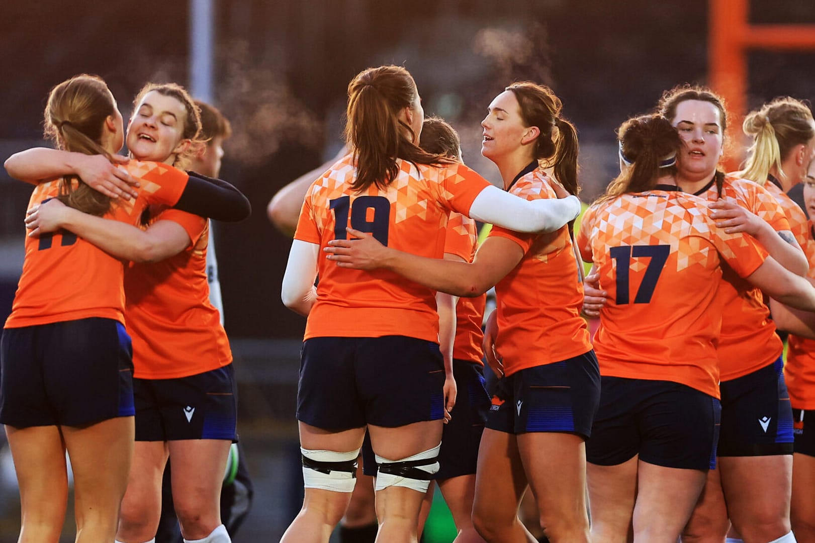 Edinburgh players at full time during a Celtic Challenge match between Edinburgh Rugby Women and Wolfhounds at Hive Stadium, on January 06, 2024, in Edinburgh.